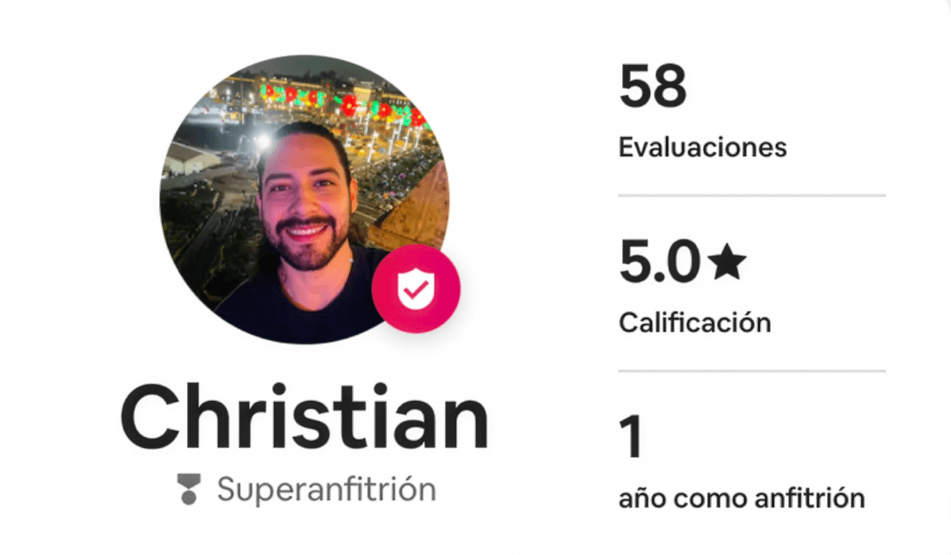 Tarjeta de Superanfitrión de Christian Ortega en Airbnb: 58 evaluaciones, calificación 5.0, un año como anfitrión.