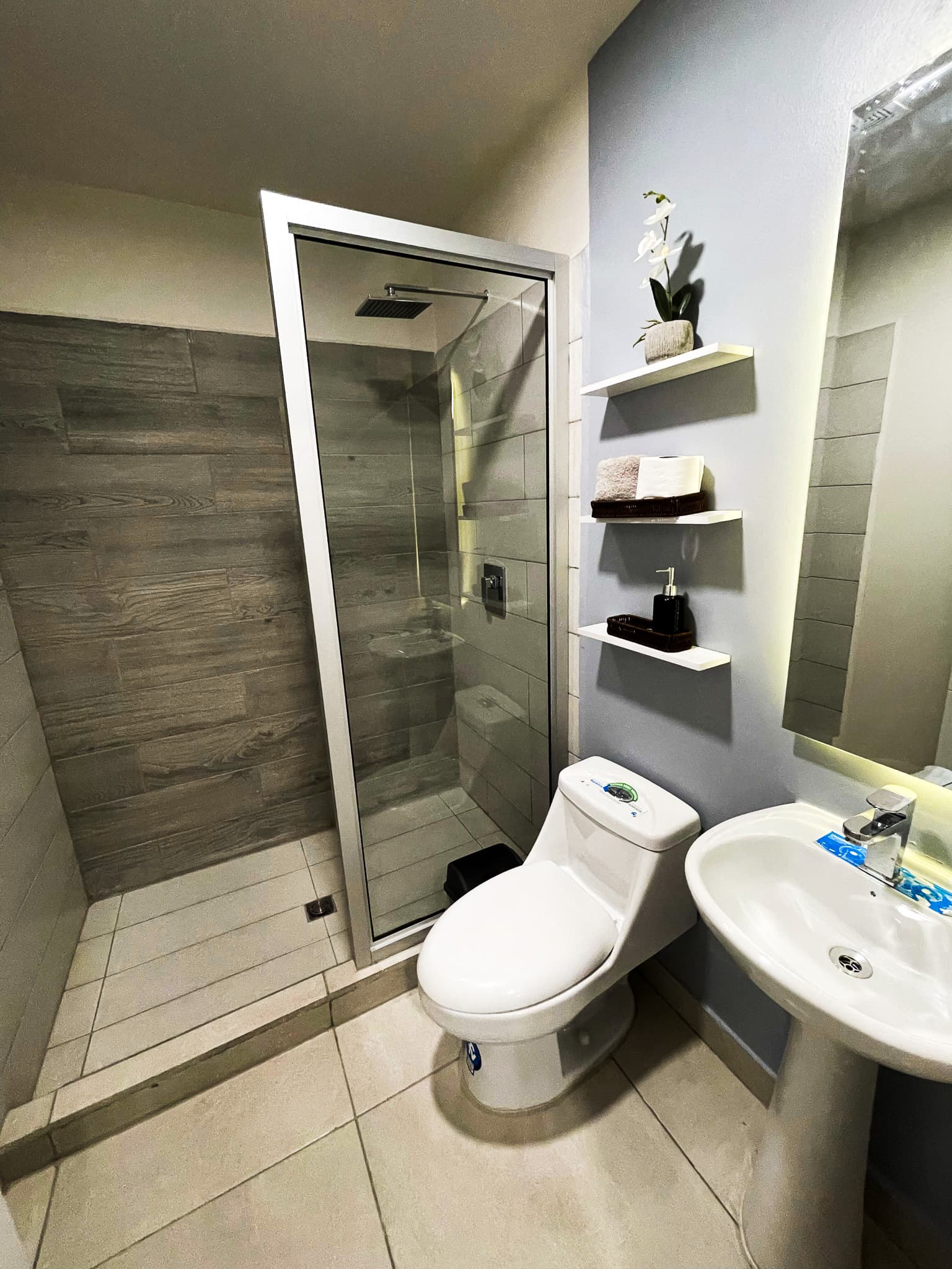 Baño con ducha y mampara de vidrio